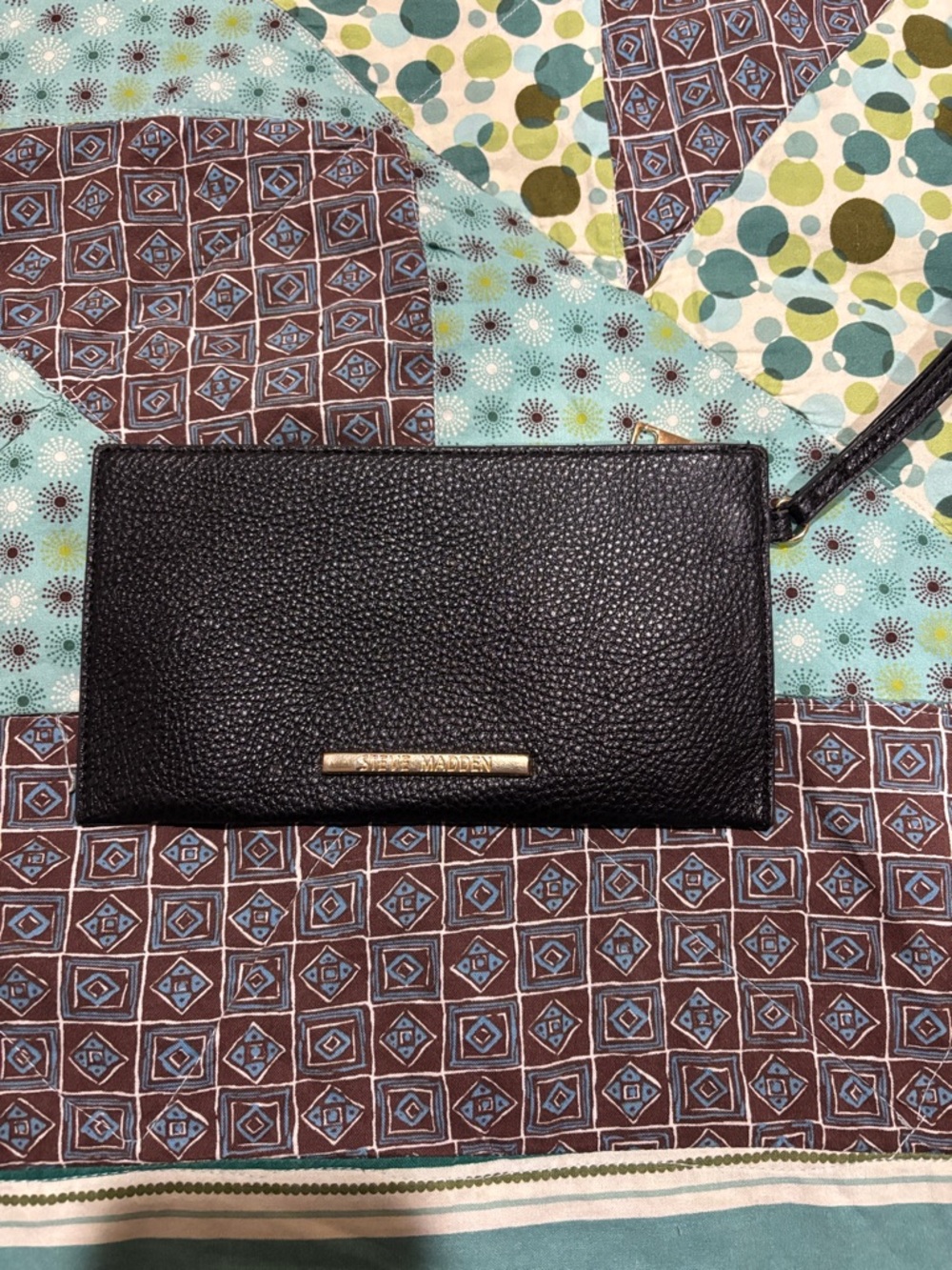 Steve Madden Black Pebbled Leather Wristlet Wallet with Gold Accent